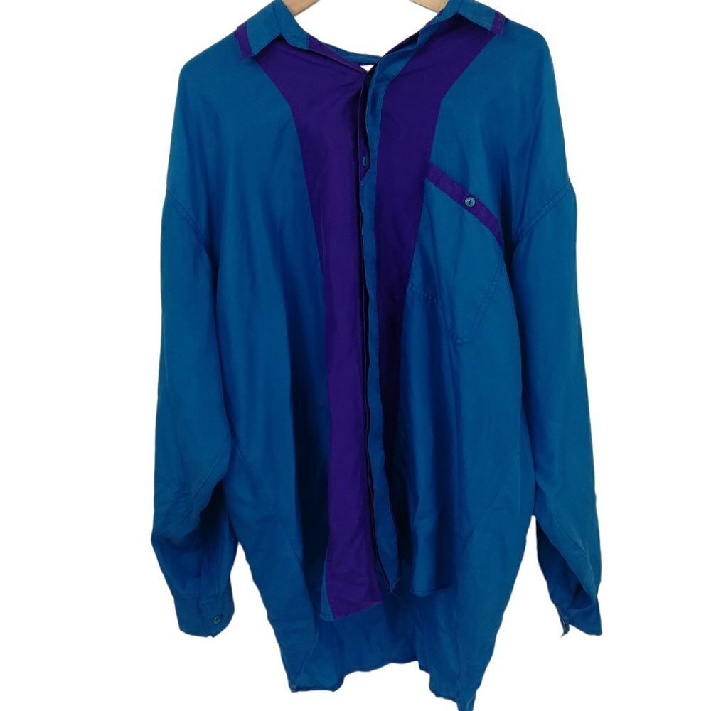 Vintage Button Front Silk Blouse Shirt Size XL Colorblock Purple Blue NOS Flaw